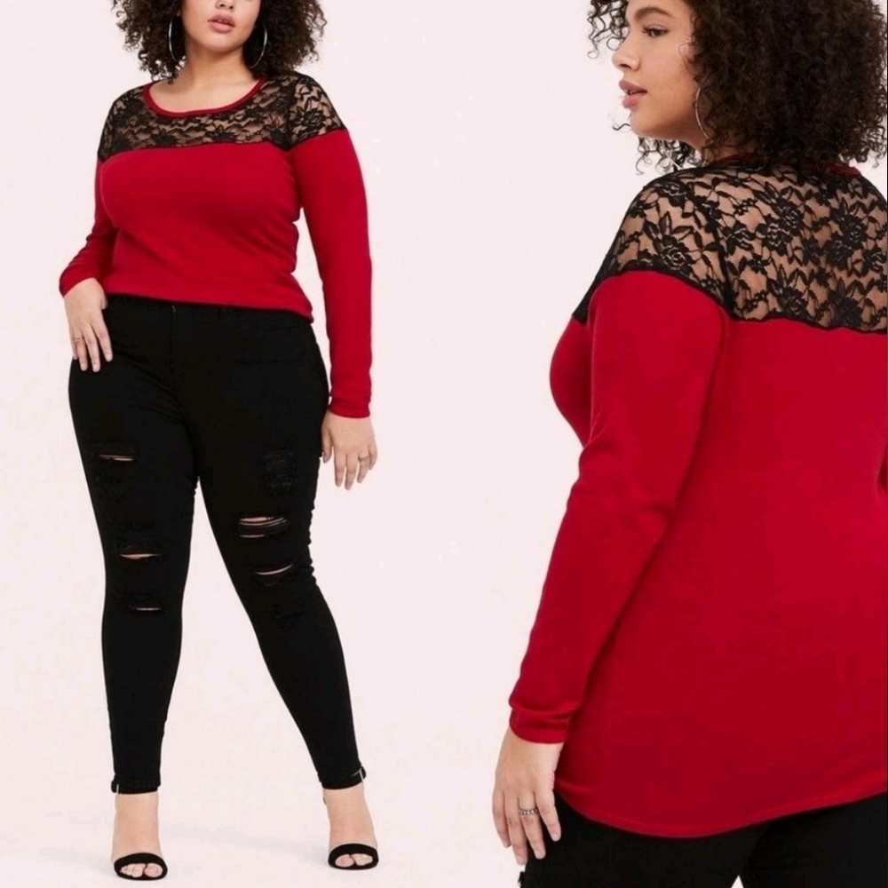 Torrid Pullover Lace Yoke Sweater Jester Red  Size 2X